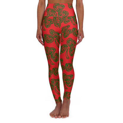 Shamrock Pattern High Waisted Yoga Leggings (Red)