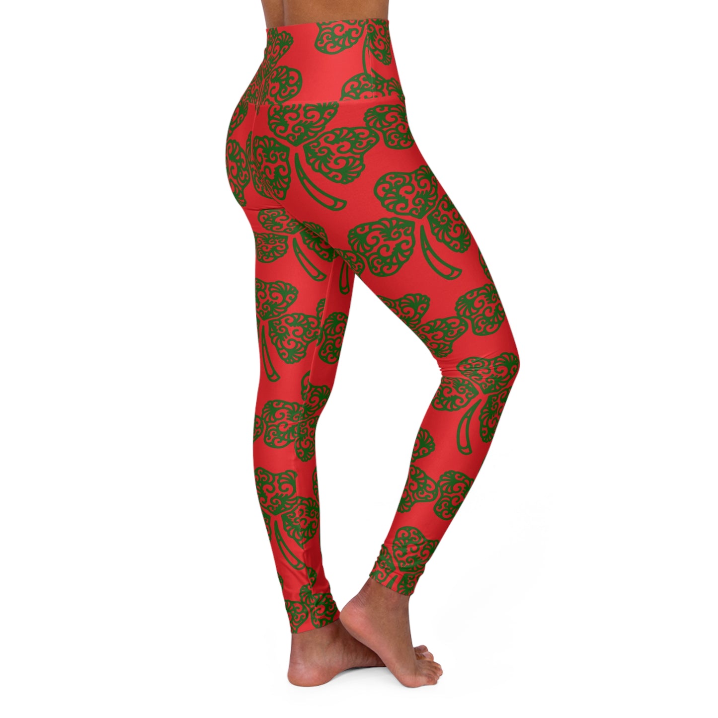 Shamrock Pattern High Waisted Yoga Leggings (Red)