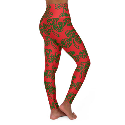 Shamrock Pattern High Waisted Yoga Leggings (Red)