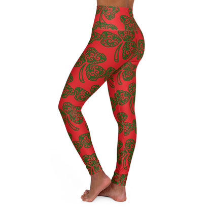 Shamrock Pattern High Waisted Yoga Leggings (Red)